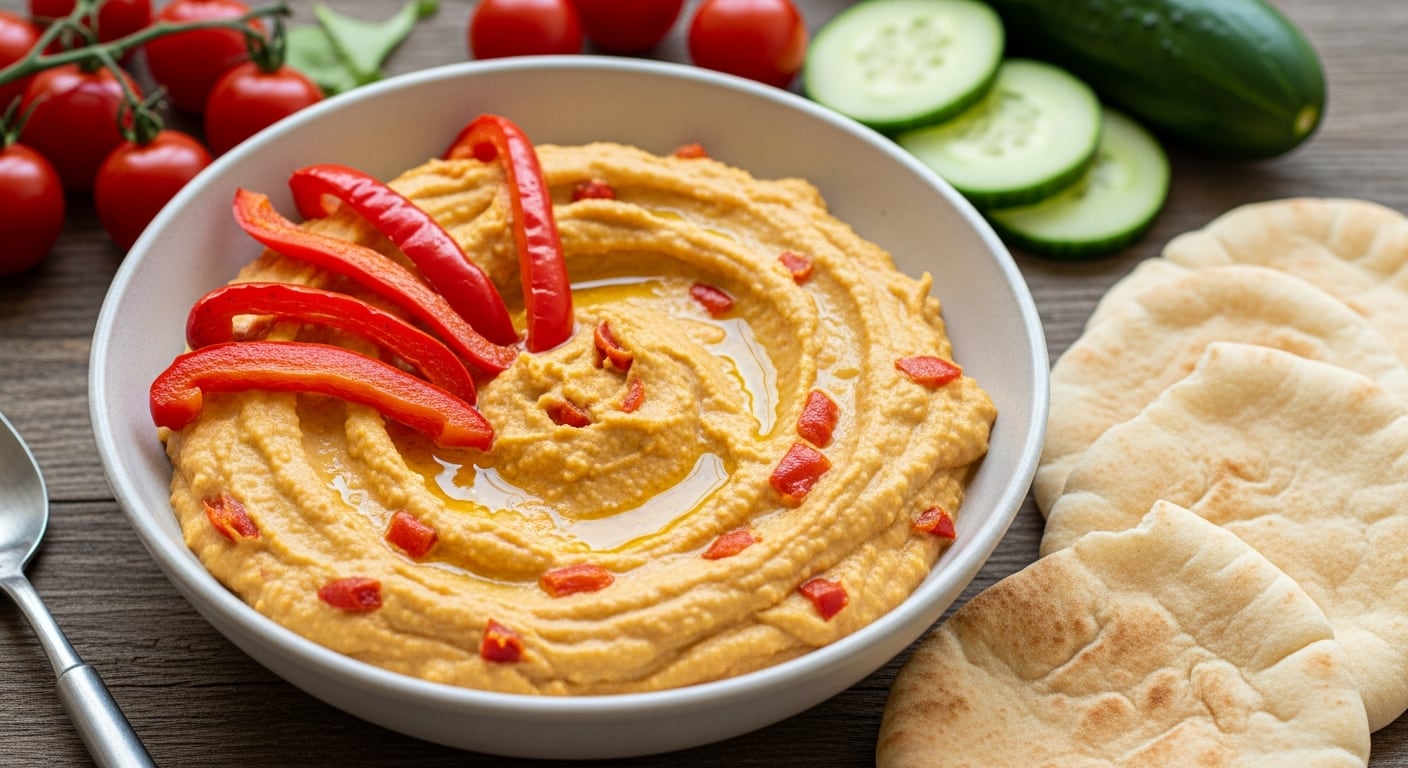 El hummus con pimientos asados incorpora dulzura y suavidad, logrando una mezcla equilibrada entre la cremosidad del garbanzo y el sabor ahumado del pimiento rojo (Imagen Ilustrativa Infobae)