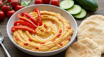 Un tazón blanco de hummus color claro con pimiento rojo asado, decorado con tiras de pimiento, junto a pan pita, pepino en rodajas y tomates cherry sobre madera.