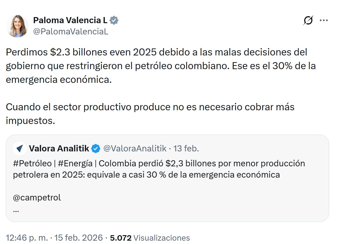 La senadora Paloma Valencia aseguró que las políticas del Gobierno de Petro en el sector petrolero han costado a Colombia $2.3 billones en 2025 - crédito @PalomaValenciaL/X