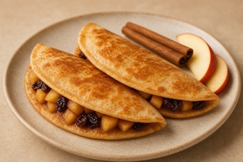 Dos tortillas dobladas y rellenas de manzana y pasas sobre un plato, acompañadas de varas de canela y rodajas de manzana.