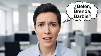 Primer plano de una mujer con expresión de confusión y el ceño fruncido, mirando al frente, con una burbuja de pensamiento que dice "¿Belén, Brenda, Barbie?".