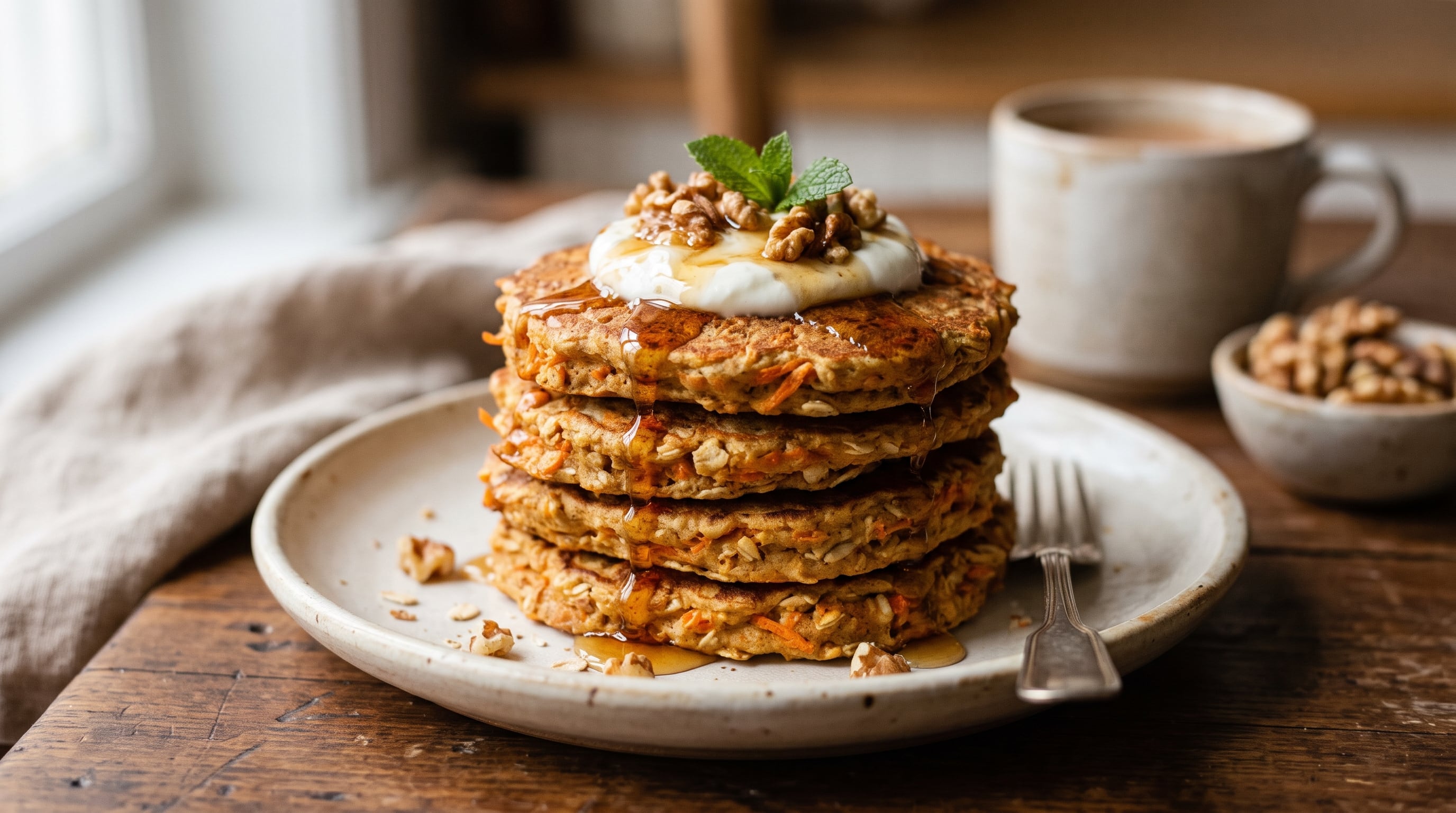 Una preparación de panqueques de avena y zanahoria con yogur y nueces conforma un plato servido sobre una mesa de madera. (Imagen Ilustrativa Infobae)
