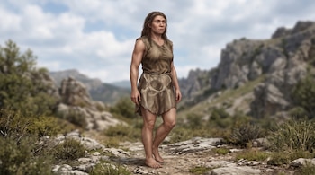 Mujer neandertal vestida con túnica de piel en un entorno rocoso, con la ilustración transparente de una pelvis sobre la cadera.