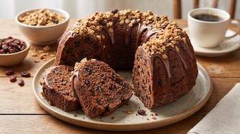 Budín de chocolate con pasas, glaseado y granola en un plato. Dos rebanadas cortadas. Taza de café humeante. Tazones con pasas y granola en mesa de madera.