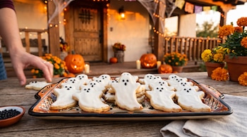 Galletas con glaseado blanco con forma de fantasma sobre una bandeja decorada, con calabazas e iluminación festiva al fondo.