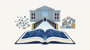 Un libro abierto conectado por un puente a un edificio con columnas, un sello de balanza en el frente y bloques geométricos a los costados.