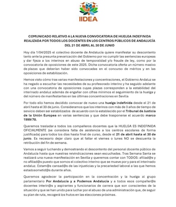 Comunicado del sindicato IIDEA. (Imagen: