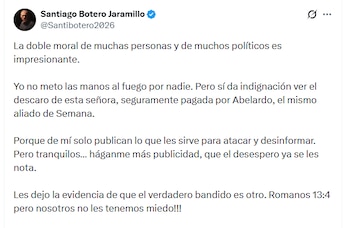 El candidato criticó las declaraciones de Oliveros contra Cuevas Romero - crédito @Santibotero2026/X