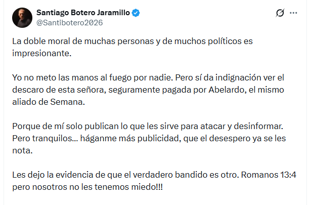 El candidato criticó las declaraciones de Oliveros contra Cuevas Romero - crédito @Santibotero2026/X