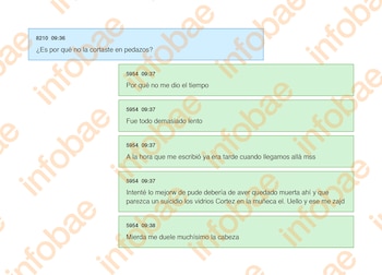 Captura de pantalla de un chat con seis recuadros de texto en azul y verde que contienen un intercambio de mensajes grabados con hora