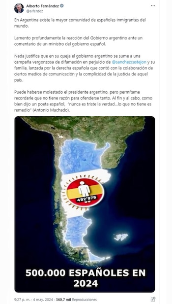 Alberto Fernández cuestionó la reacción de Javier Milei tras el comentario de un ministro del gobierno español