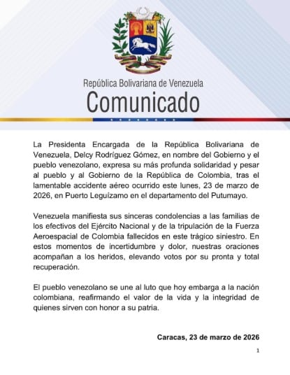 Presidenta encargada de Venezuela, manifestó sus condolencias y solidaridad con Colombia tras el accidente aéreo militar en Putumayo - crédito delcyrodriguezv / Instagram
