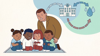Ilustración de un grupo de niños con malestar y un adulto preocupado en primer plano; al fondo, un hospital y gotas de agua con flechas representando el ciclo de contagio.
