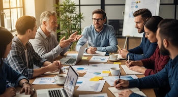 Mesa de trabajo con siete personas de diversas edades interactuando; hay laptops abiertas, documentos con gráficos, tazas de café y personas escribiendo notas.