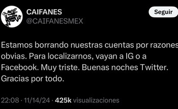 La banda mexicana Caifanes anunció su salida de la red social X, dejando a sus seguidores en debate sobre si se trata de una protesta política o una estrategia digital.