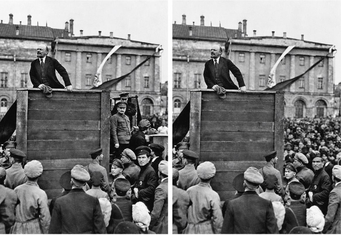 Dos versiones de una fotografía histórica ilustran el retoque del discurso de Vladimir Lenin tras la eliminación de dirigentes políticos junto a la tribuna, entre ellos Trotsky. (Infobae)