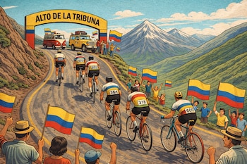 Carretera montañosa con siete ciclistas en ascenso, espectadores a los lados con banderas de Colombia, un arco con Alto de la Tribuna y dos vehículos.