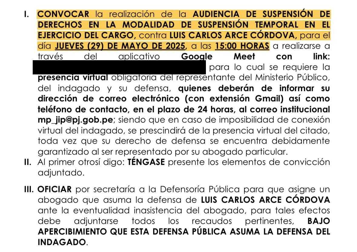 Convocan audiencia para evaluar suspensión de Luis Arce Córdova.