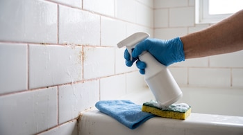 Una mano con guante azul sostiene un pulverizador blanco frente a la pared de azulejos, con un paño y una esponja sobre la bañera.