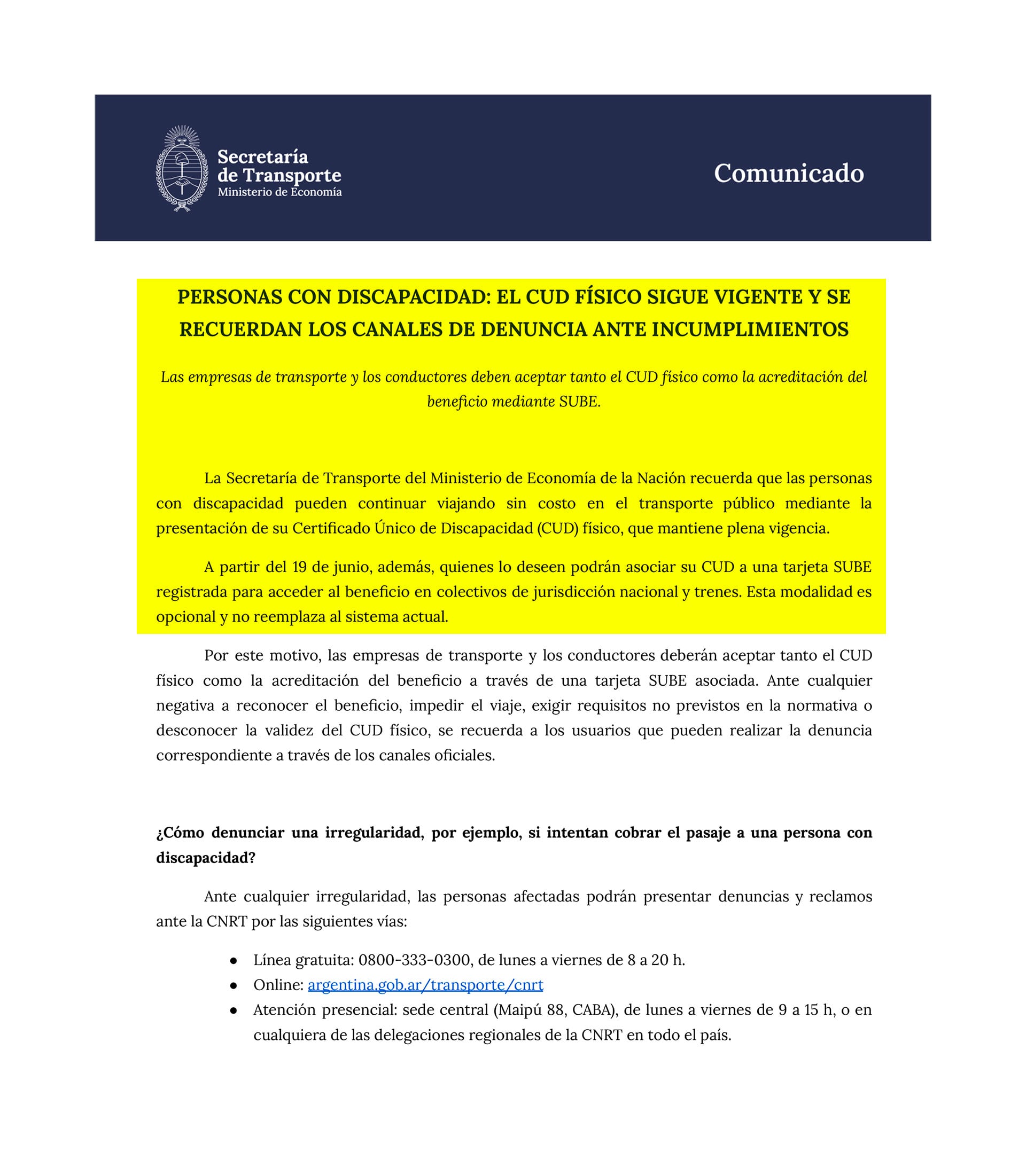La aclaración de la Secretaría de Transporte