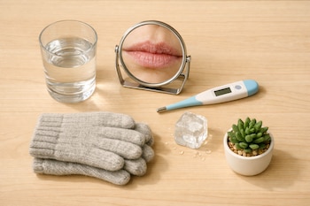 Sobre una mesa de madera clara, se ven un vaso de agua, un espejo redondo mostrando labios agrietados, un termómetro digital, guantes de lana, un cubo de hielo y una pequeña planta.