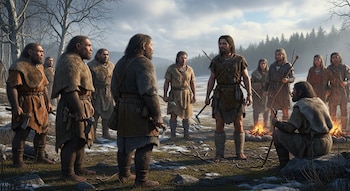 Ilustración de neandertales y sapiens en un paisaje frío y boscoso. Visten pieles, portan herramientas y hay un pequeño fuego en el centro.