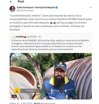 Julián Sastoque critica publicación de la Ungrd - crédito @ElJuliSastoque