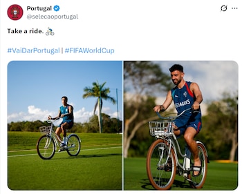 Los jugadores portugueses apostaron por entrenamientos innovadores, montando bicicletas sobre el césped de Cancún para fomentar la convivencia. (@selecaoportugal)