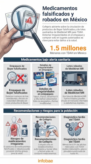 Mano con lupa sobre cajas de medicamentos, empaques falsificados y robados, camión de carga, cuerpo humano con órganos, frasco de veneno, farmacia, cerebro con engranajes.