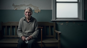 Una mujer anciana de cabello gris sentada en un banco de madera, con marcas rojas alrededor de los ojos, sosteniendo un pañuelo. Un bastón está a su lado.