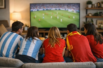 Cinco personas sentadas de espaldas en un sofá miran una televisión que emite un partido de fútbol, dos visten camisetas de Argentina y tres de España.