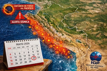 Mapa de Perú mostrando alerta sísmica con epicentros en la costa del Pacífico, texto "Cinturón de Fuego del Pacífico", logo del IGP y calendario de mayo de 2026 con el día 20 resaltado.