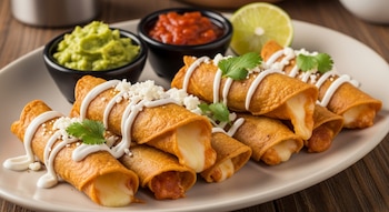 Flautas de queso doradas y crujientes en un plato, con crema, queso fresco y cilantro. Al fondo, tazones de guacamole, salsa roja y una rodaja de lima.