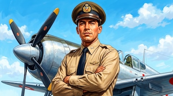 Ilustración de un hombre con uniforme militar y gorra con escudo, brazos cruzados, frente a un avión de guerra con hélice y cabina, bajo un cielo con nubes.