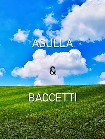 Cielo azul con nubes blancas y campo verde. Texto blanco 'AGULLA', un símbolo '&' negro y texto blanco 'BACCETTI' sobre el paisaje