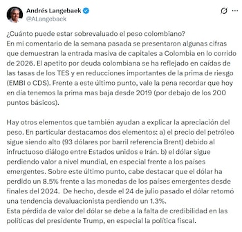 Andrés Langebaek, economista, dijo que el dólar sigue perdiendo valor a nivel mundial, en especial frente a los países emergentes - crédito @ALangebaek/X