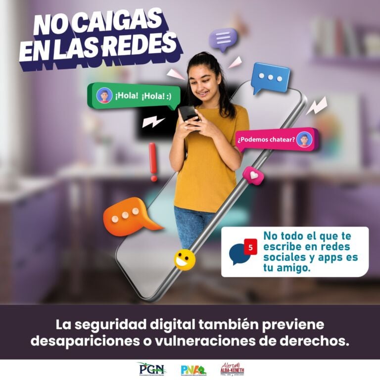 Una joven sonríe mientras usa su teléfono móvil, rodeada de burbujas de chat y elementos gráficos que advierten sobre los riesgos de interactuar con extraños en plataformas digitales, enfatizando la importancia de la seguridad en línea para la protección personal. (PGN de Guatemala)