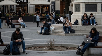 Imagen de una plaza urbana donde personas sentadas en bancos y escalones miran sus teléfonos y laptops. Al fondo se observa una cafetería y un monumento.