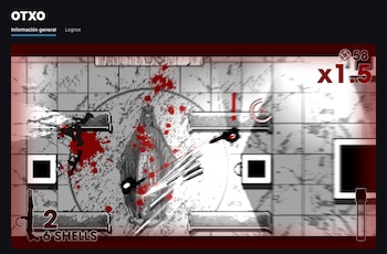 Captura de pantalla del videojuego OTXO con interfaz, menú, contador de munición, puntuación, escenario con figuras, bloques y salpicaduras rojas
