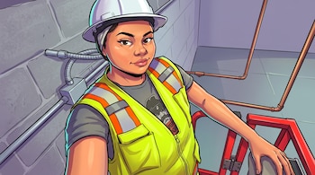 Una mujer sonriente con casco blanco, chaleco reflectante amarillo y camiseta gris. Fondo de pared de bloques, tuberías de metal y una estructura roja.