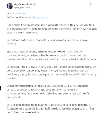 Bukele planteó que, si se considera que existen violaciones sistemáticas de derechos humanos en su país, la respuesta debería ser el traslado total de los reclusos como una acción concreta - crédito @nayibbukele/X