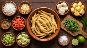 Patas de pollo en un cuenco central junto a verduras cortadas, cilantro, sal, especias, chiles y limas sobre una mesa de madera oscura.