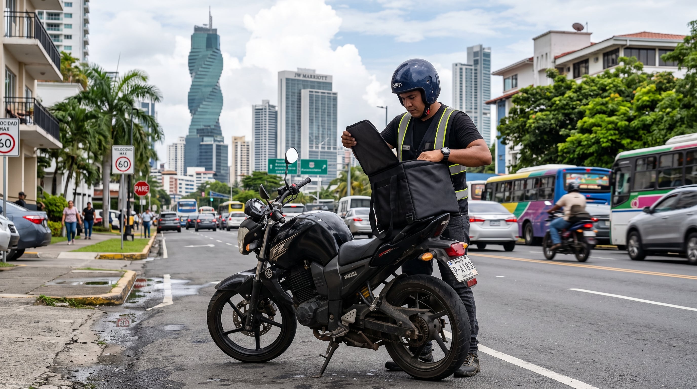 Un repartidor en motocicleta detiene su marcha para revisar una mochila térmica de entregas en una avenida céntrica de Ciudad de Panamá. (Imagen Ilustrativa Infobae)