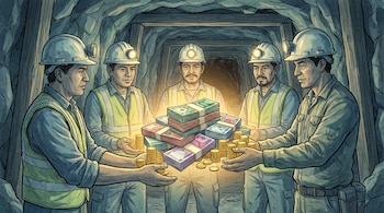 Cinco mineros con cascos y chalecos en un túnel. Sostienen pilas de billetes coloridos y monedas doradas; más dinero los rodea.