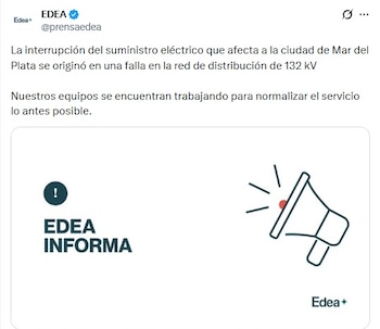 EDEA informó que la falla está relacionada con una falla en una línea de distribución de alta tensión de 132 kV