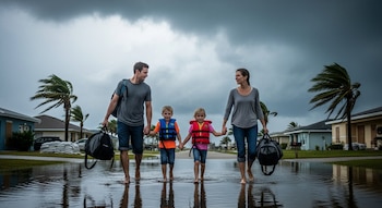 Familia camina descalza por una calle inundada, con dos niños en chalecos salvavidas. Palmeras se inclinan por el viento y el cielo está oscuro. Casas visibles.