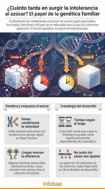 Infografía con una doble hélice de ADN, moléculas, dos cubos de azúcar, dos relojes, iconos de cromosomas, relojes de arena, árboles y flechas.