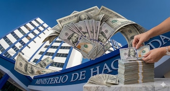 Múltiples pilas de monedas doradas apiladas y dispersas sobre una superficie de madera, con la bandera de El Salvador, que es azul y blanca, ondeando de fondo