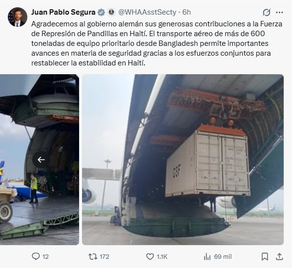 Juan Pablo segura agradece el aporte a la lucha contra las pandillas en Haití. (Captura de pantalla de X)