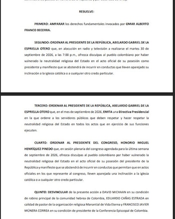 Un Juez de Bogotá ordenó al presidente Abelardo de la Espriella ofrecer disculpas públicas por haber vulnerado la neutralidad religiosa del Estado durante su acto de posesión el pasado 7 de agosto